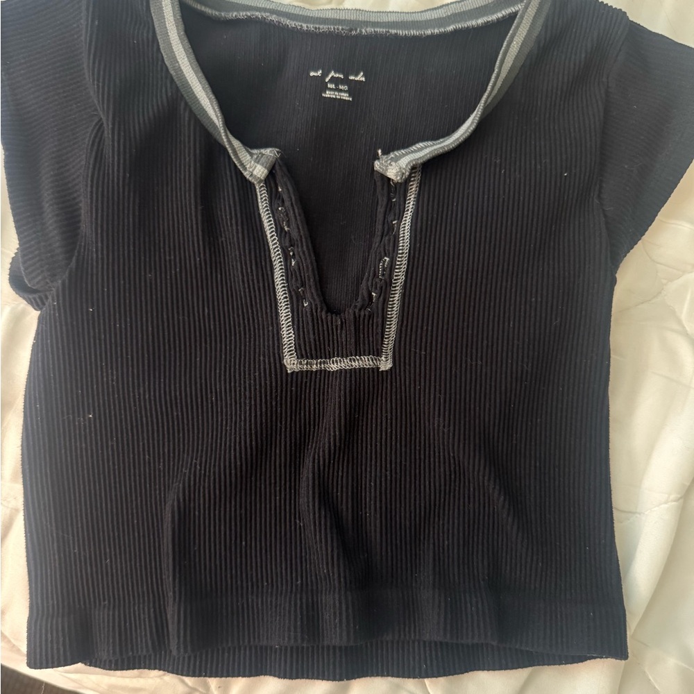 Urban Outfitters Black Ribbed Crop Polo T-Shirt